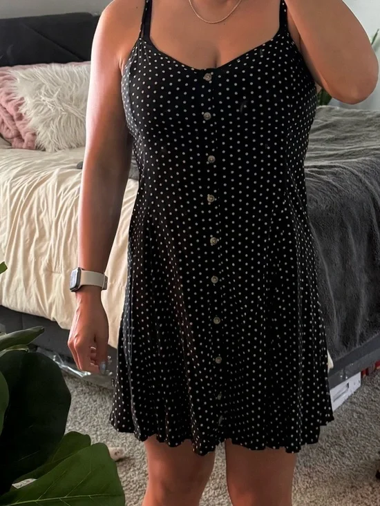 American Eagle Outfitters Black White Polka Dot Button-Front Mini Dress - Picture 3 of 4